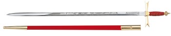 Espada Masónica, Empuñadura roja, Corona, grabado masónico, vaina roja con gancho