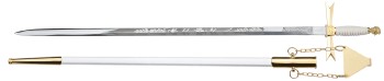 Épée maçonnique Poignée blanche / Casque / Gravure maçonnique / Fourreau blanc avec chaîne