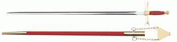 Épée maçonnique, poignée rouge, casque, fourreau rouge avec chaîne