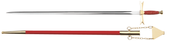 Espada Masónica, empuñadura roja, redonda, vaina roja con cadena