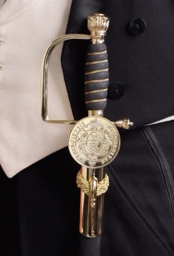 Espada doctoral con funda de cuero y grabado con su escudo personal, hoja de 81 cm de largo, con grabado floral en la hoja