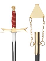Épée maçonnique, poignée rouge, casque, fourreau noir avec chaîne