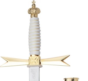 Logendegen weißer Griff / mit Kronen Knauf / ohne Ätzung / schwarze Scheide mit Haken