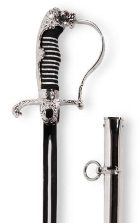 Lion's head saber with nickel-plated guard, nickelplated scabbard with 2 rings