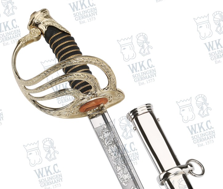 Espada de oficial de infantería belga „Ecole Royale Militaire“ M1889, vaina de acero y estuche de tela