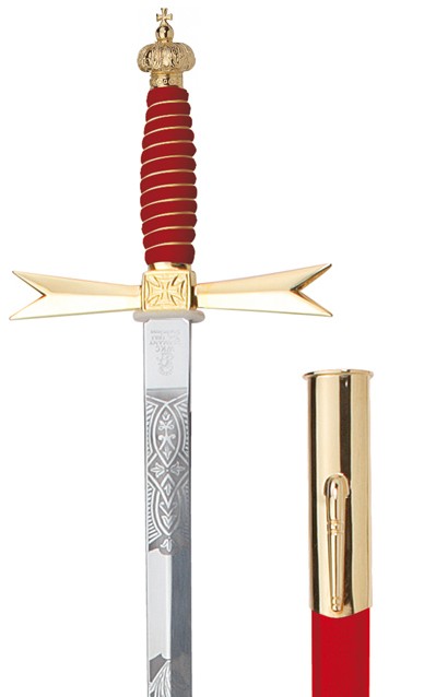 Espada Masónica, Empuñadura roja, Corona, grabado masónico, vaina roja con gancho