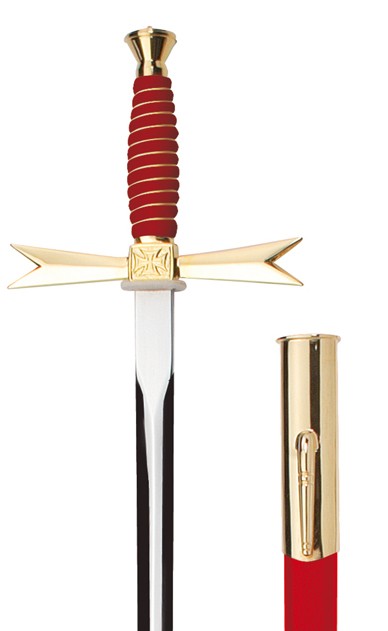 Épée maçonnique, poignée rouge, ronde, fourreau rouge avec crochet