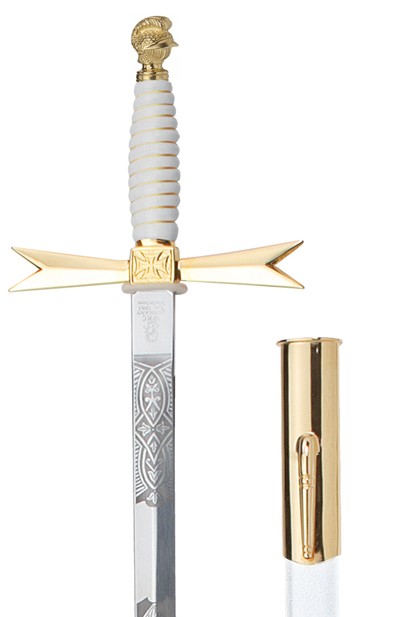 Espada masónica empuñadura blanca / con pomo de casco / con grabado de logia / vaina blanca con gancho