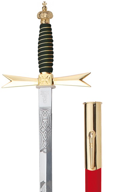 Masonic Sword, black Grip, Crown, masonic etching, black scabbard with hook