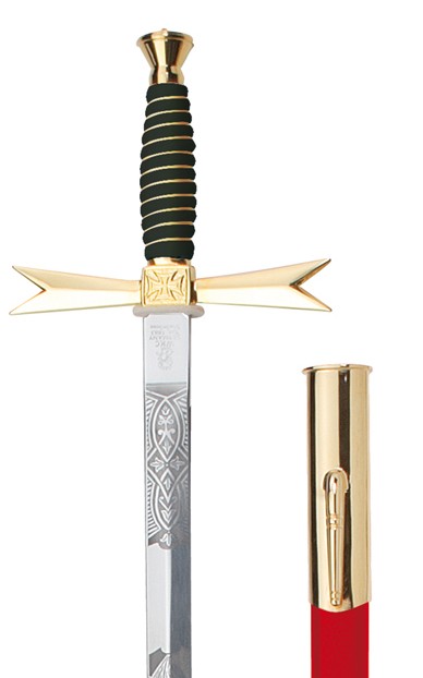 Masonic Sword, black Grip, round, masonic etching, red scabbard with hook