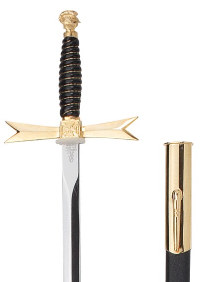 Épée maçonnique, poignée noire, casque, fourreau noir avec crochet