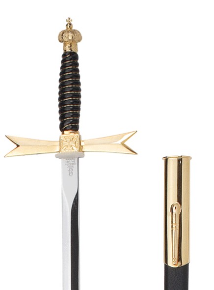 Épée maçonnique, poignée noire, couronne, fourreau noir avec crochet