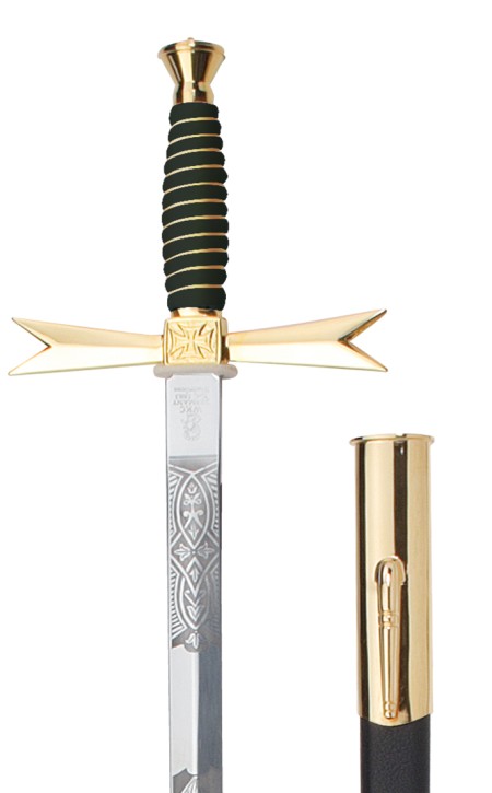 Masonic Sword, black grip, round, with masonic etching, black scabbard with hook
