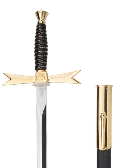 Épée maçonnique, poignée noire, ronde, fourreau noir avec crochet