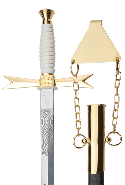 Masonic Sword white Grip, Round, Masonic Etching, black Scabbard with chain
