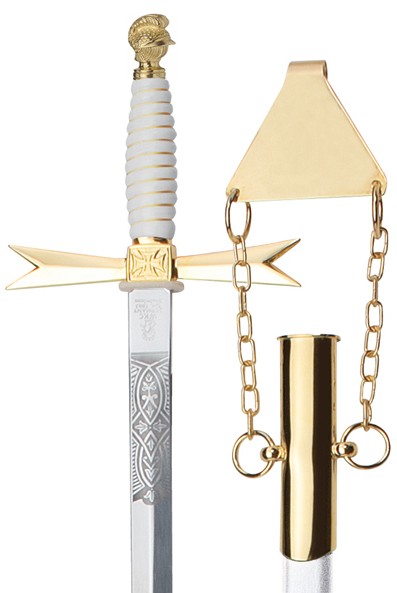 Épée maçonnique Poignée blanche / Casque / Gravure maçonnique / Fourreau blanc avec chaîne