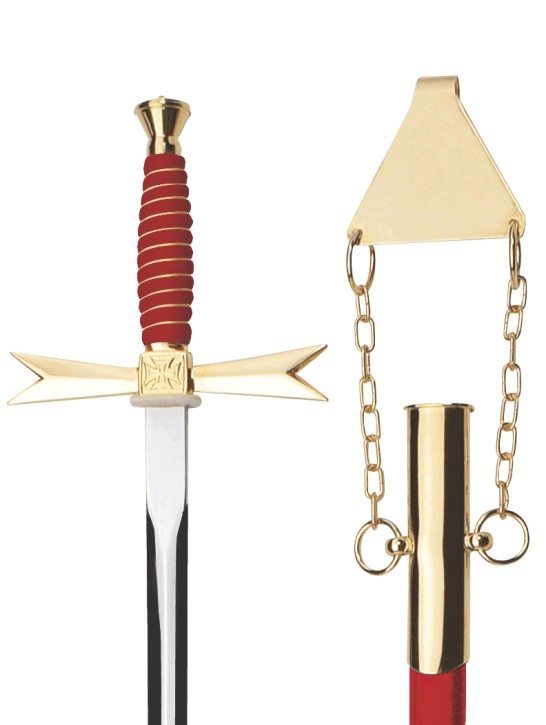 Épée maçonnique, poignée rouge, ronde, fourreau rouge avec chaîne